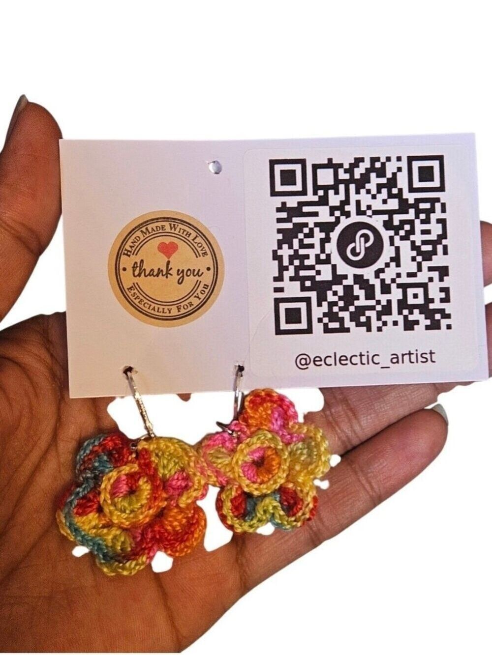 Hand Crafted Multi Color Crochet Flower Earrings Festival Wear Rainbow Jewelry - Picture 2 of 16
